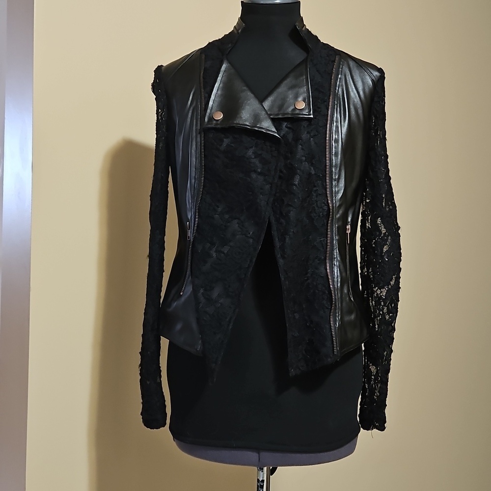 Streetwear Society Black Faux Leather Lace Insert Moto Jacket Small